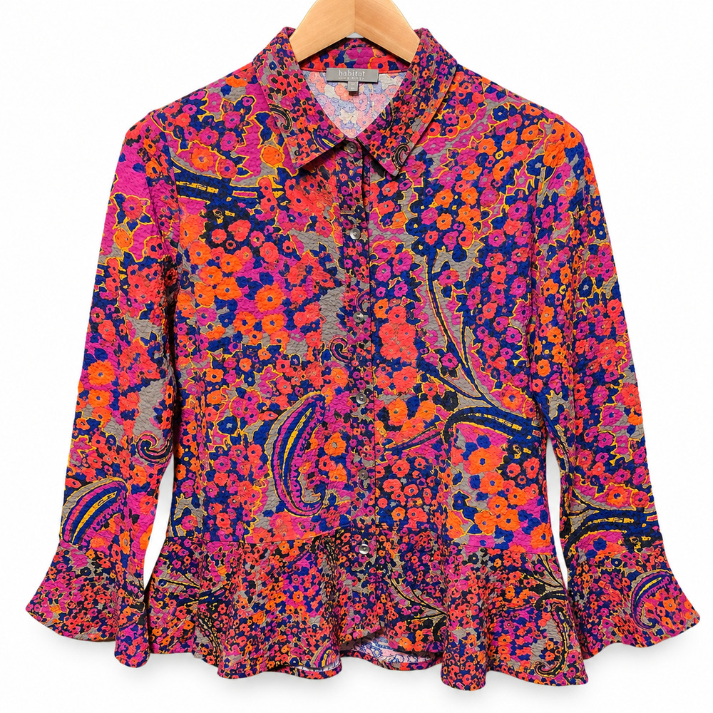 Habitat Top Womens Size Small Multicolor Floral Print Long Sleeve Stretch Artsy
